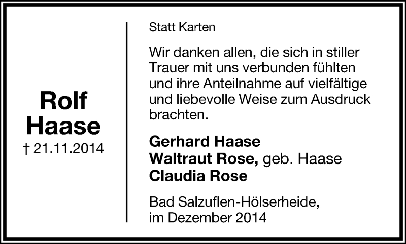  Traueranzeige für Rolf Haase vom 27.12.2014 aus Lippische Landes-Zeitung