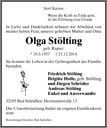 Anzeige  Olga Stölting  Lippische Landes-Zeitung