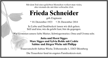 Anzeige  Frieda Schneider  Lippische Landes-Zeitung