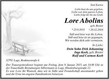 Anzeige  Lore Abolins  Lippische Landes-Zeitung