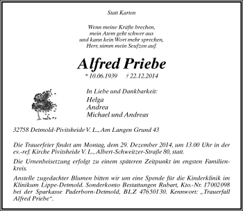 Anzeige  Alfred Priebe  Lippische Landes-Zeitung