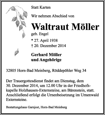Anzeige  Waltraut Möller  Lippische Landes-Zeitung