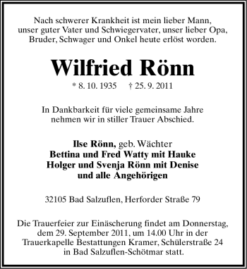Anzeige  Wilfried Rönn  Lippische Landes-Zeitung