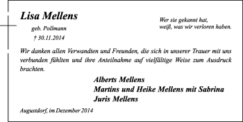 Anzeige  Lisa Mellens  Lippische Landes-Zeitung