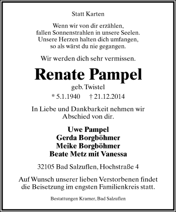 Anzeige  Renate Pampel  Lippische Landes-Zeitung