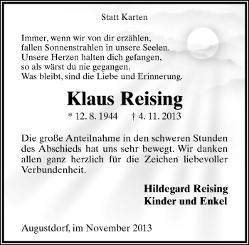 Anzeige  Klaus Reising  Lippische Landes-Zeitung