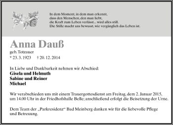 Anzeige  Anna Dauß  Lippische Landes-Zeitung