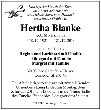 Anzeige  Hertha Blanke  Lippische Landes-Zeitung