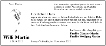 Anzeige  Willi Martin  Lippische Landes-Zeitung