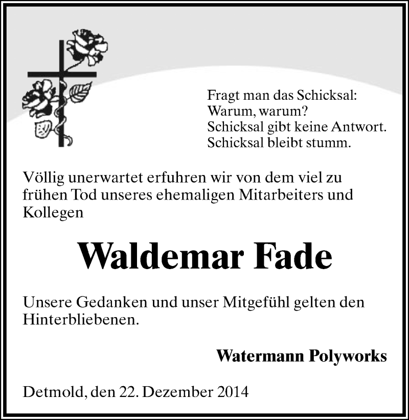  Traueranzeige für Waldemar Fade vom 24.12.2014 aus Lippische Landes-Zeitung