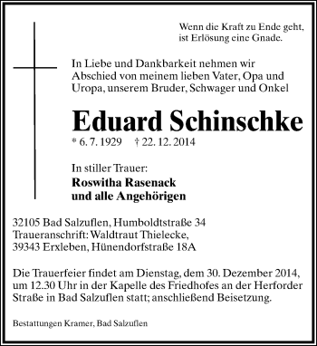 Anzeige  Eduard Schinschke  Lippische Landes-Zeitung