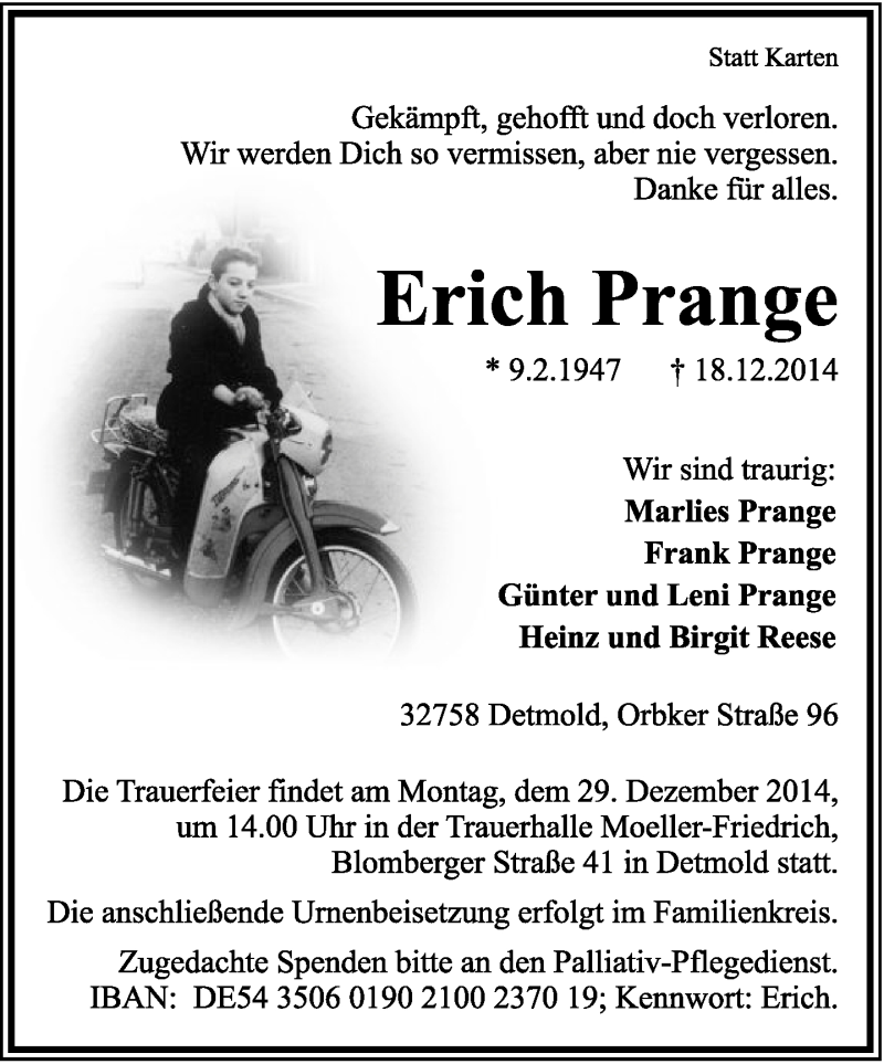  Traueranzeige für Erich Prange vom 24.12.2014 aus Lippische Landes-Zeitung