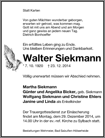Anzeige  Walter Siekmann  Lippische Landes-Zeitung