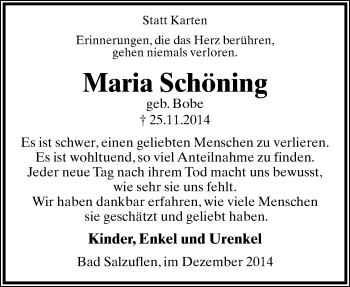Anzeige  Maria Schöning  Lippische Landes-Zeitung