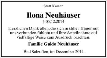 Anzeige  Ilona Neuhäuser  Lippische Landes-Zeitung