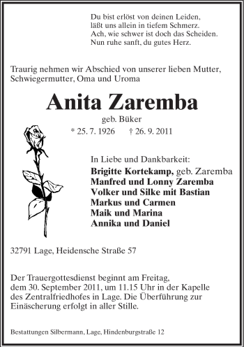 Anzeige  Anita Zaremba  Lippische Landes-Zeitung