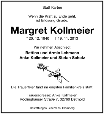 Anzeige  Margret Kollmeier  Lippische Landes-Zeitung