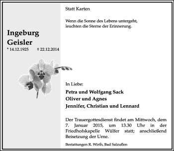 Anzeige  Ingeburg Geisler  Lippische Landes-Zeitung