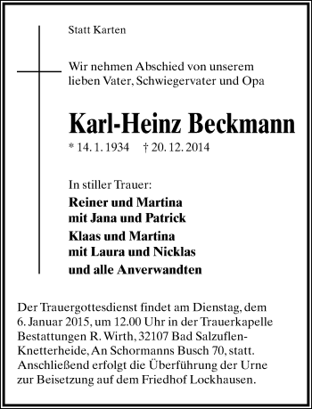 Anzeige  Karl-Heinz Beckmann  Lippische Landes-Zeitung