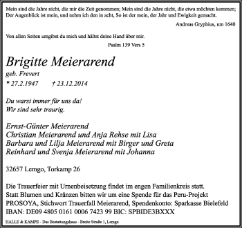 Anzeige  Brigitte Meierarend  Lippische Landes-Zeitung