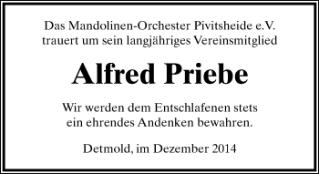 Anzeige  Alfred Priebe  Lippische Landes-Zeitung
