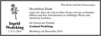 Anzeige  Ingrid Wedeking  Lippische Landes-Zeitung