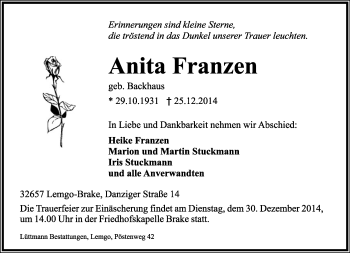Anzeige  Anita Franzen  Lippische Landes-Zeitung