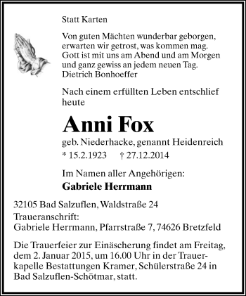 Anzeige  Anni Fox  Lippische Landes-Zeitung