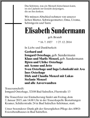 Anzeige  Elisabeth Sundermann  Lippische Landes-Zeitung