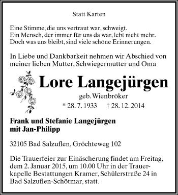 Anzeige  Lore Langejürgen  Lippische Landes-Zeitung