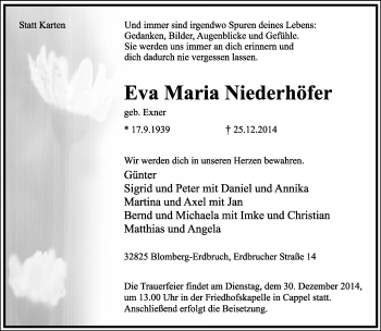 Anzeige  Eva Maria Niederhöfer  Lippische Landes-Zeitung