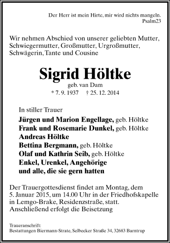 Anzeige  Sigrid Höltke  Lippische Landes-Zeitung