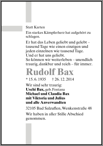 Anzeige  Rudolf Bax  Lippische Landes-Zeitung