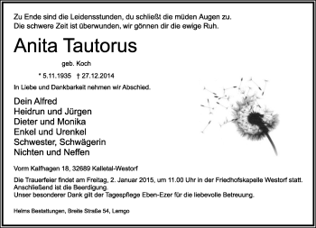 Anzeige  Anita Tautorus  Lippische Landes-Zeitung