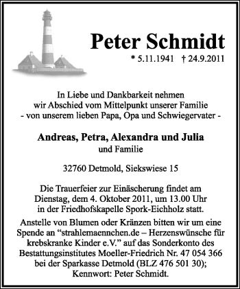 Anzeige  Peter Schmidt  Lippische Landes-Zeitung
