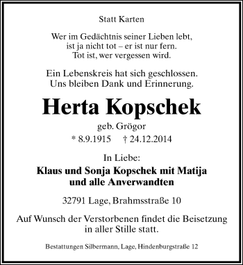 Anzeige  Herta Kopschek  Lippische Landes-Zeitung