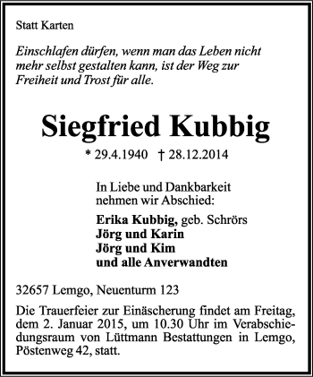 Anzeige  Siegfried Kubbig  Lippische Landes-Zeitung