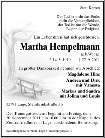 Anzeige  Martha Hempelmann  Lippische Landes-Zeitung