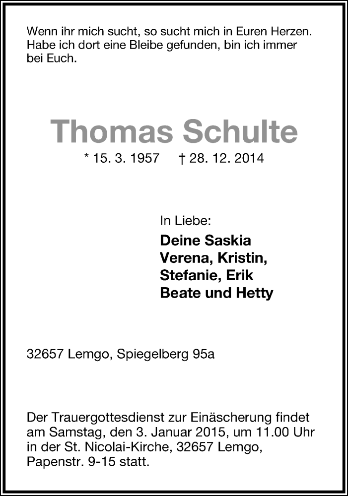  Traueranzeige für Thomas Schulte vom 31.12.2014 aus Lippische Landes-Zeitung