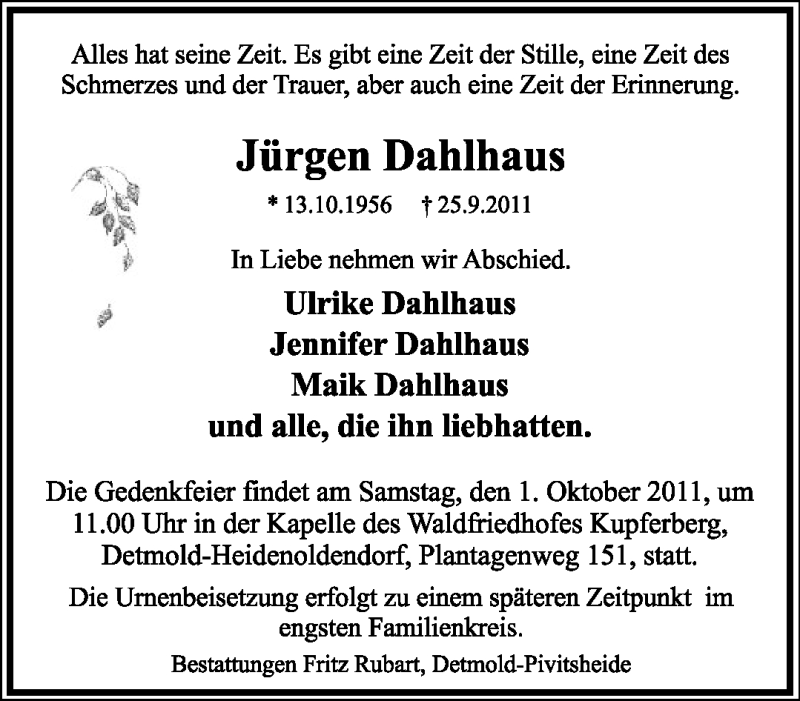  Traueranzeige für Jürgen Dahlhaus vom 28.09.2011 aus Lippische Landes-Zeitung