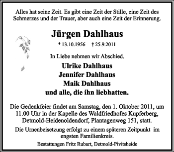 Anzeige  Jürgen Dahlhaus  Lippische Landes-Zeitung
