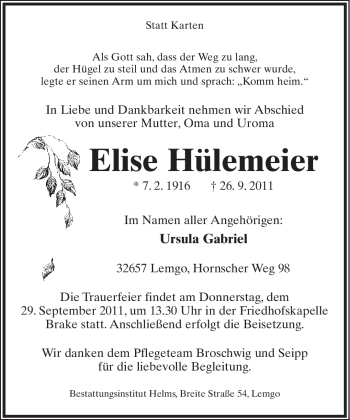 Anzeige  Elise Hülemeier  Lippische Landes-Zeitung