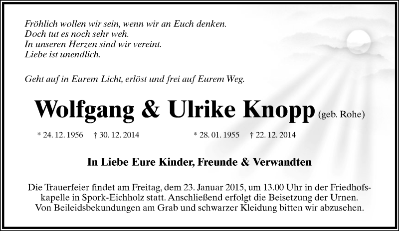  Traueranzeige für Wolfgang und Ulrike Knopp vom 03.01.2015 aus Lippische Landes-Zeitung