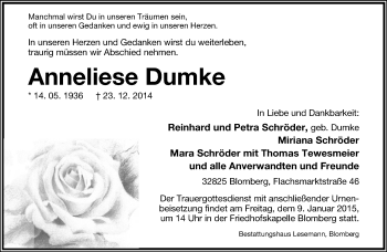 Anzeige  Anneliese Dumke  Lippische Landes-Zeitung