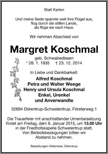 Anzeige  Margret Koschmal  Lippische Landes-Zeitung