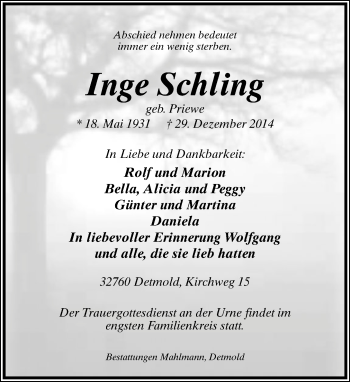 Anzeige  Inge Schling  Lippische Landes-Zeitung