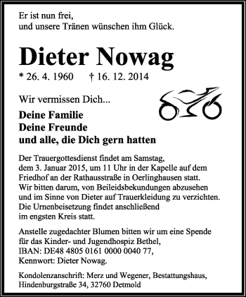 Anzeige  Dieter Nowag  Lippische Landes-Zeitung