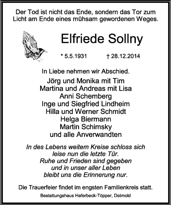 Anzeige  Elfriede Sollny  Lippische Landes-Zeitung
