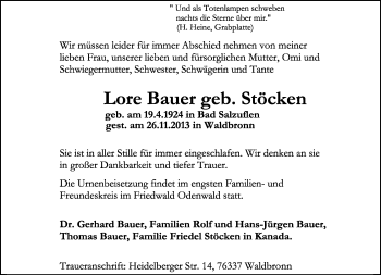 Anzeige  Lore Bauer  Lippische Landes-Zeitung