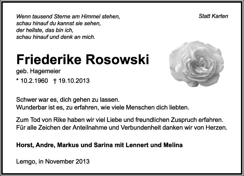  Traueranzeige für Friederike Rosowski vom 30.11.2013 aus Lippische Landes-Zeitung